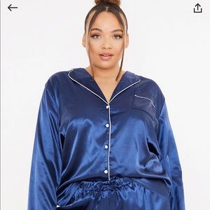 ASOS curve Satin navy contrast trim pajama shirt plus size